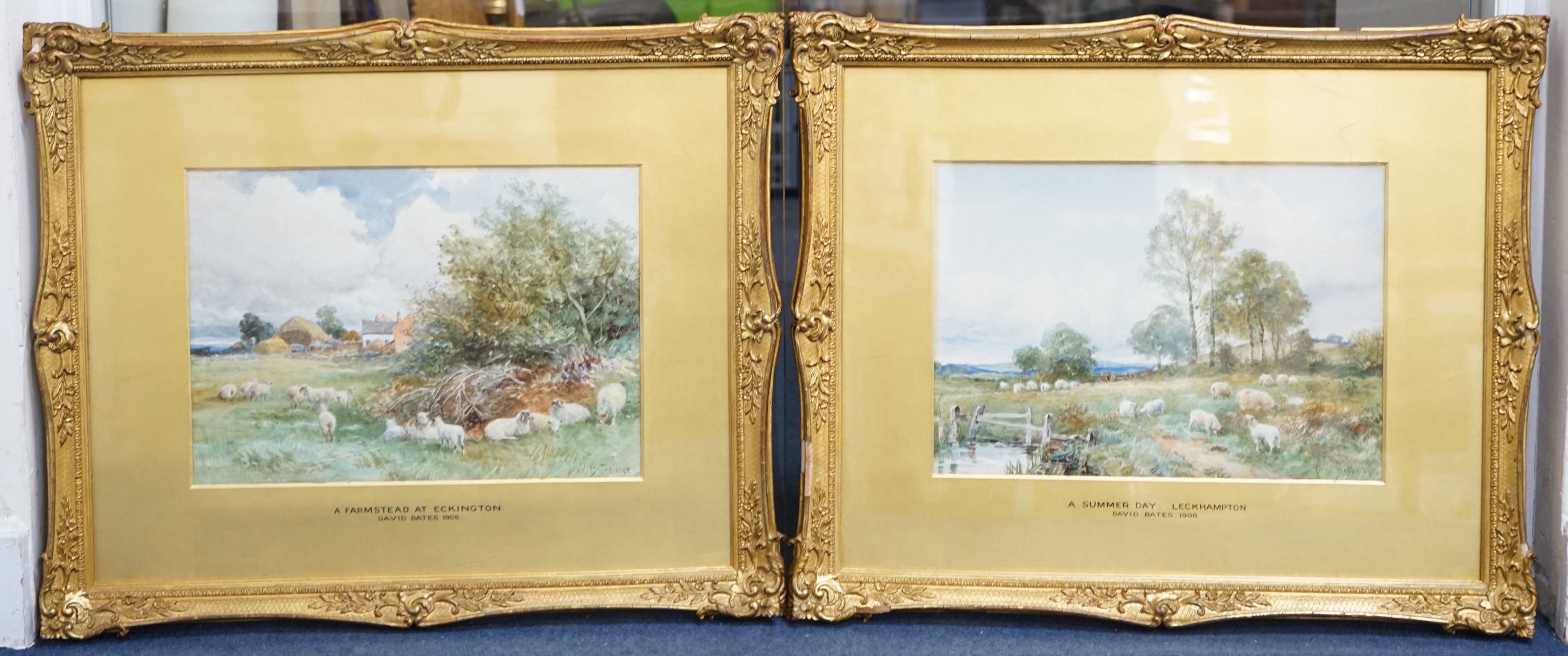 David Bates (1840-1921), pair of watercolours, 'A Summer Day, Leckhampton' and 'A Farmstead at Eckington', signed and dated 1908, 25 x 35cm